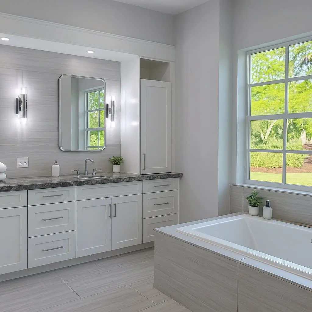 Lumina Luxe completed primary bathroom with double vanity and freestanding tub
