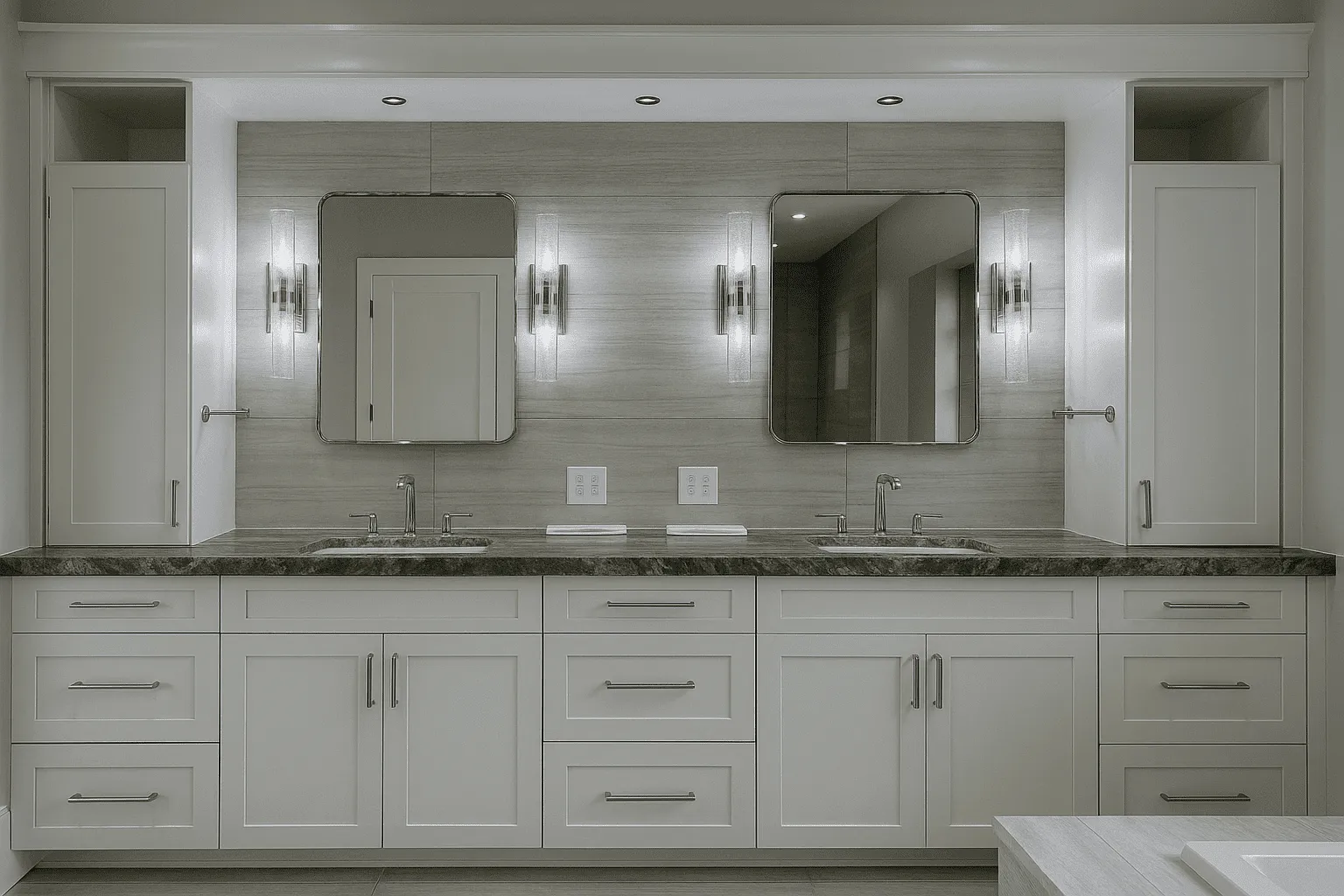 Lumina Luxe completed bathroom with white cabinetry and marble tile
