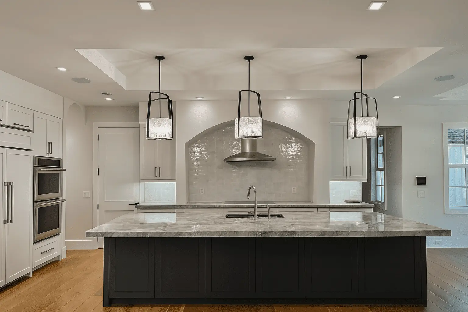 Lumina Luxe completed kitchen with white cabinetry and bar seating