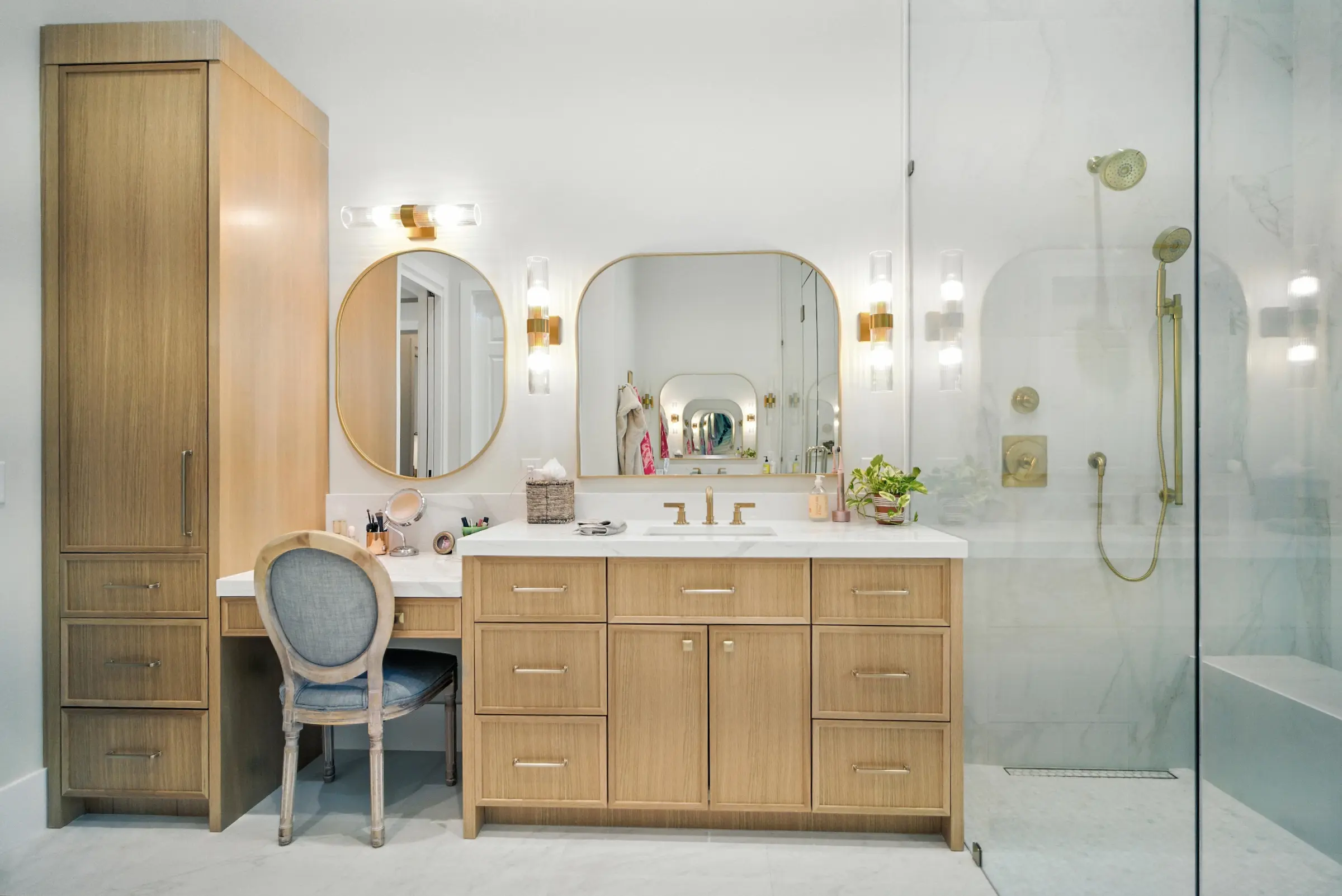 Coastal Craft completed bathroom with double vanity and wood cabinetry