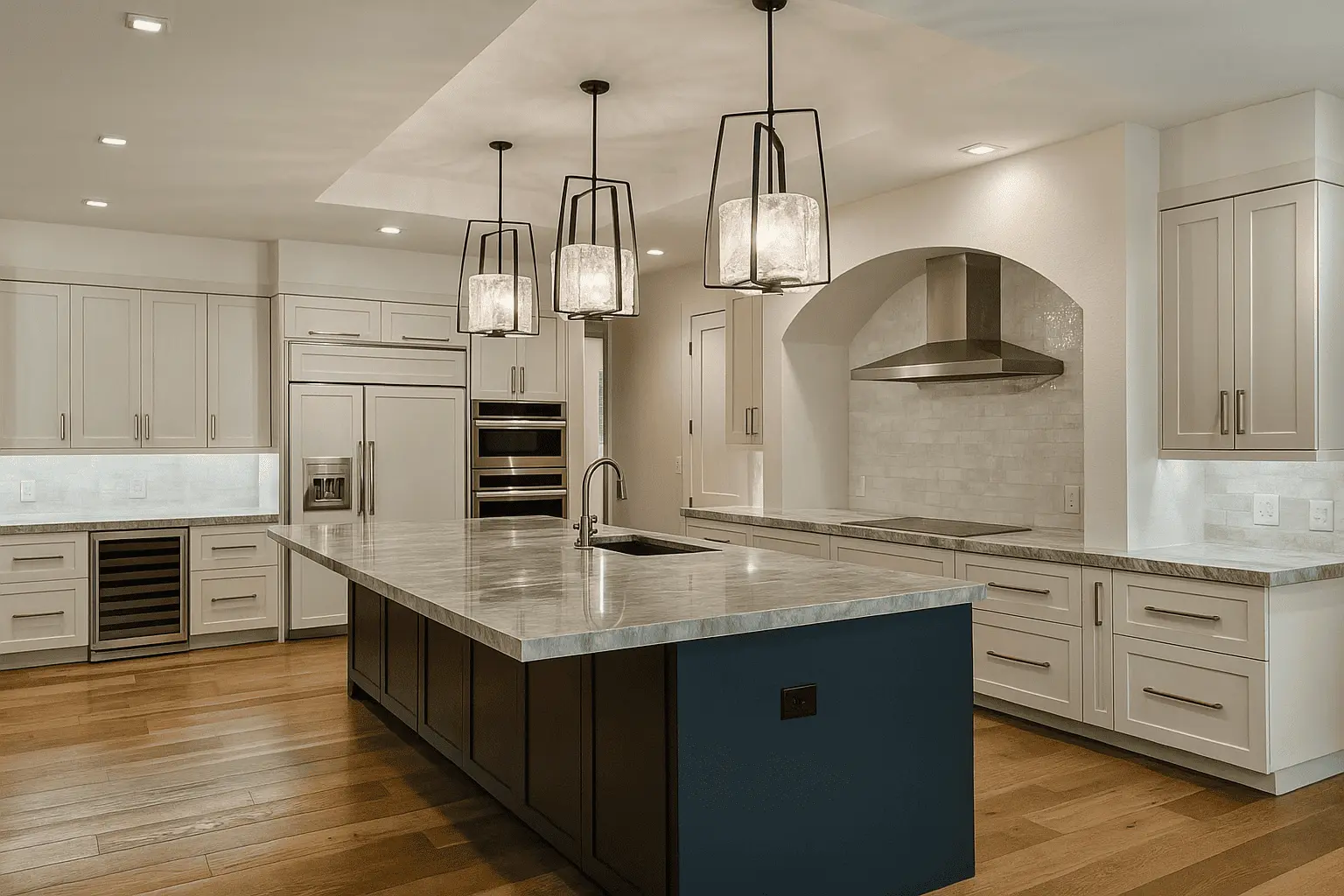 Lumina Luxe completed kitchen with dark island and marble backsplash